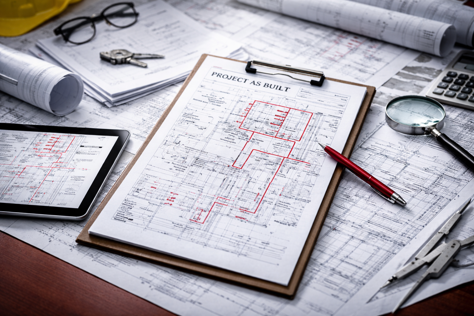 Documentação técnica As Built sobre mesa de trabalho
