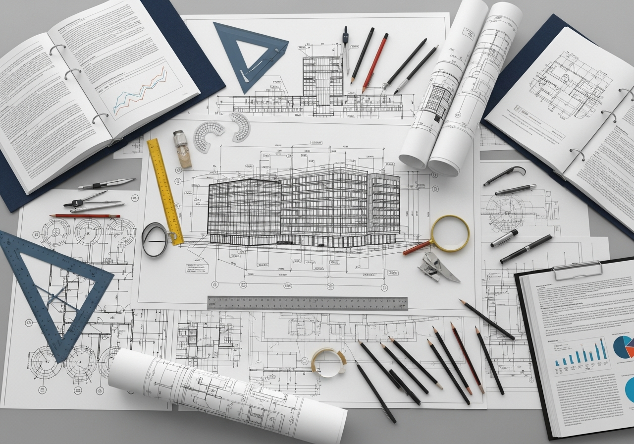 Pranchas e desenhos técnicos de engenharia sobre uma mesa