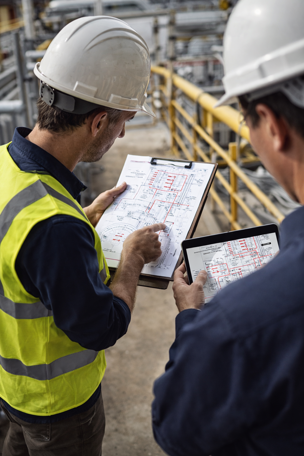 Equipe técnica verificando documentação e realidade construída em campo