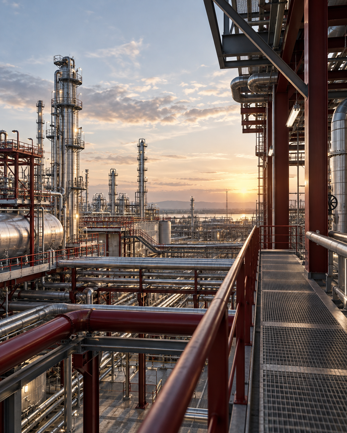 Industrial facility with steel structures, piping and process equipment